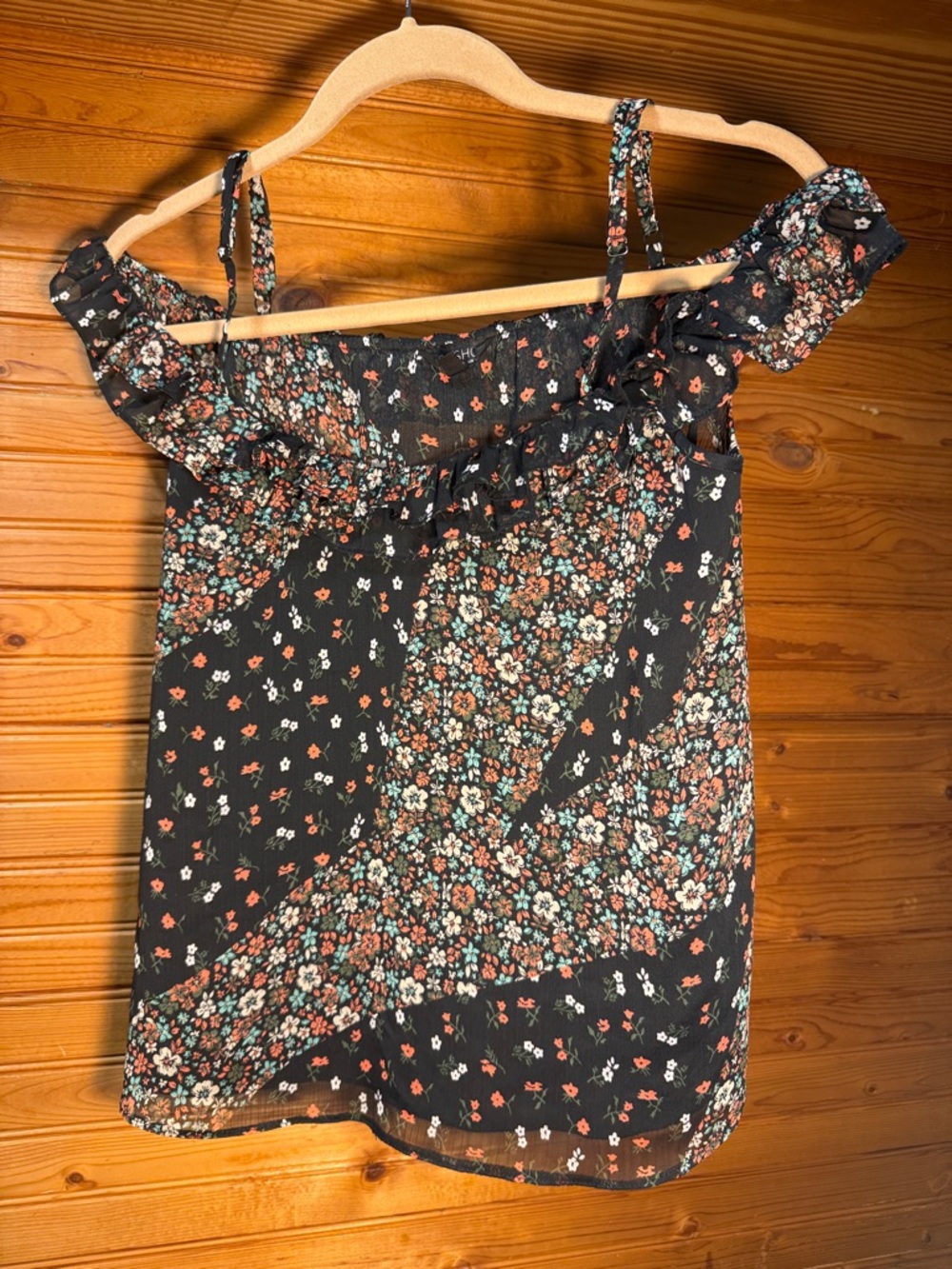 Topshop Black Floral Off-Shoulder Camisole with Ruffle Detail